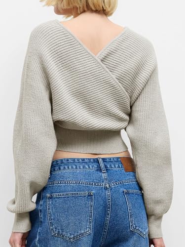 CIDER Cropped Sweaters for Women V Neck Wrap Cross Front Solid Knit Pullover Long Sleeve Tops4