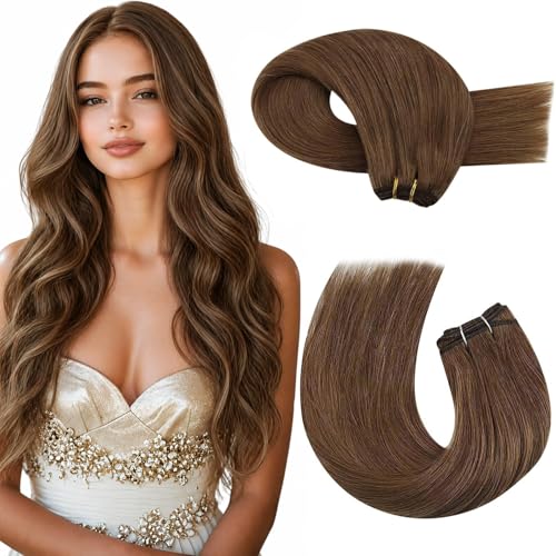 Image of Moresoo Sew in Hair Extensions Real Human Hair, Light Brown, 14 Inch 100g | Silky Remy human hair adds soft brightness, ideal for everyday looks, daytime outings and fresh layered styling