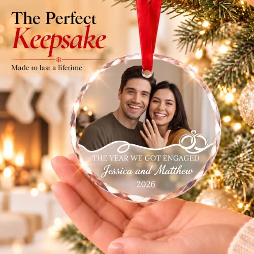 Image of Engagement Ornament 2026, Personalized Glass Christmas Photo Keepsake