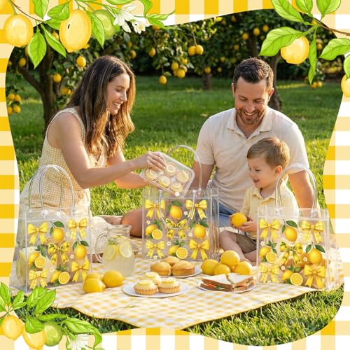 Image of Teenyyou 24 Pcs Lemon Clear Gift Bags with Handles Yellow Bow Lemon Print Transparent Tote Bags Reusable PVC Candy Treat Gift Container for Bridal Shower, Baby Shower, Wedding, Birthday Party Favors