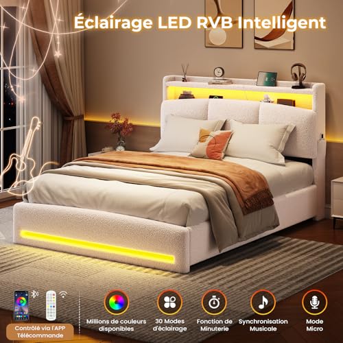 AOGLLATI Polsterbett 140×200 mit Steckdosen und LED-Beleuchtung, Doppelbett mit Stauraum Kopfteil, Bett 140×200 mit Hydraulische Metallrahmen und Lattenrost aus Holz, Bouclé, Beige(Ohne Matratze) – Bild 6