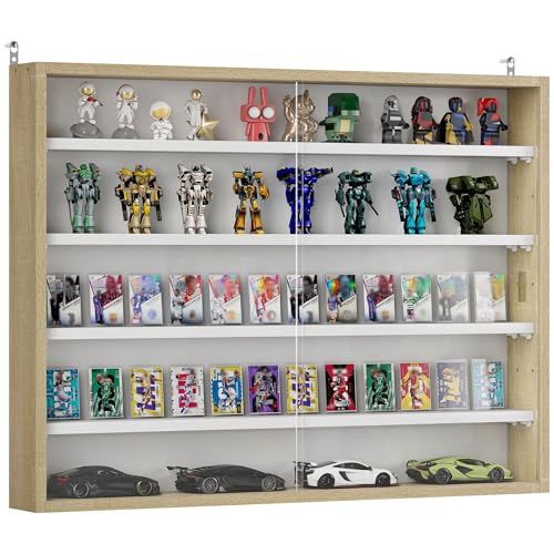 HOMCOM 5-Tier Display Cabinet, Glass Door Cabinet with Adjustable Shelves, Wall-Mounted Display Case for Playroom, Bedroom, Oak and White