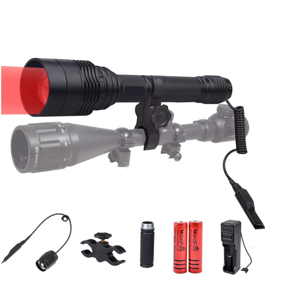 Red Hunting Torch, Rechargeable LED Torch 500 Lumens One Mode, Adjustable Focus, Waterproof Coyote Hog Hunting Lamp, Included Scope Mount, Pressure Switch and Batteries