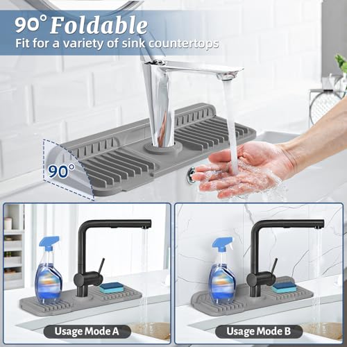 Image of PoYang 14.6 inch Faucet Mat for Kitchen Sink Splash Guard, 7 Slope Silicone Sink Water Splash Guard for Kitchen Sink Area with Snap Button, Small Sink Protectors for kitchen Sink Sponge Holder, Grey