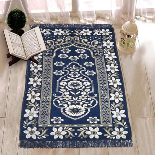 Image of Velvet Floral Janamaz Mat | Prayer Mat /Meditation Janamaz for Namaz /Meditation Mat /Muslim| Size 27x50| Washable Soft Prayer Mat (Blue)