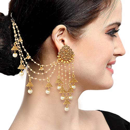 Image of Sukkhi Traditional Brass Gold Plated Wedding Jewellery Bahubali Inspired Long Chain Jhumki Earrings for Women