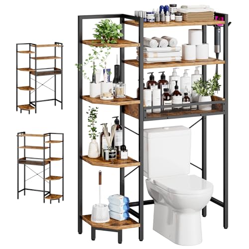 Roxibelt K1 Heavy Duty 7-Tier Over The Toilet Storage（With Basket and Paper Hook）Freestanding Above Toilet Shelf with Adjustable Feet，Space Saver Bathroom Shelves 9.3'D x 33.5'W x 63.8'H，Rustic Brown