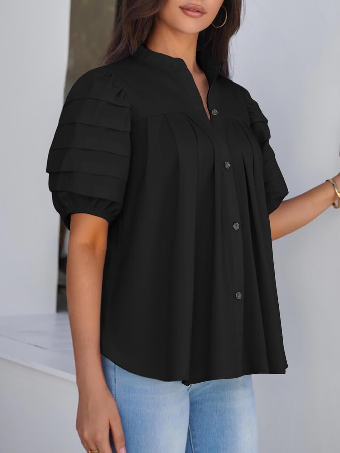 Tankaneo Womens Puff Short Sleeve Button Down Shirts Cotton Pleated Babydoll Blouses Trendy Casual Loose Fit Tops - Image 3