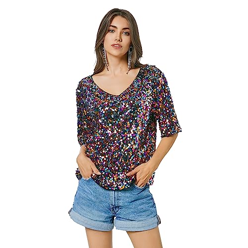 Women’s Sequin Tops Glitter V Neck Loose Summer Shirt Half Sleeve Sparkly Disco Party Plus Size Tunic Blouses