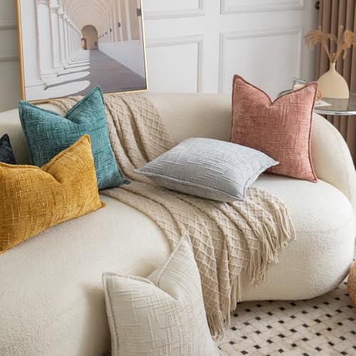 Image of MADIZZ Pack of 2 Chenille Throw Pillow Covers 18x18 Inch Pink Soft Neutral Decorative Throw Pillows for Couch Sofa Boho Accent Cushion Covers Modern Farmhouse Home Decor for Bedroom Living Room
