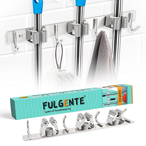 FULGENTE Gerätehalter Wandhalterung Edelstahl Besenhalterung Wand Selbstklebend Ohne Bohren von Zuhause Badezimmer Garage Garten (Inkl. Schrauben und Klebestreifen) 3 Halter und 4 Haken Grau Cover