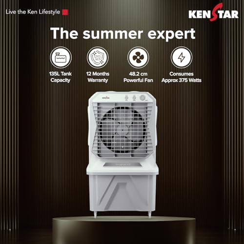 Image of Kenstar AEROGLIDE HC 135 L Desert Air Cooler WITH FRONT LOCKING COMMERCIAL GRADE WHEELS for Home|Anti-Bacterial Honeycomb Pads|High-Speed |80Ft Air Throw|1-Yr Product Warranty|Light Grey