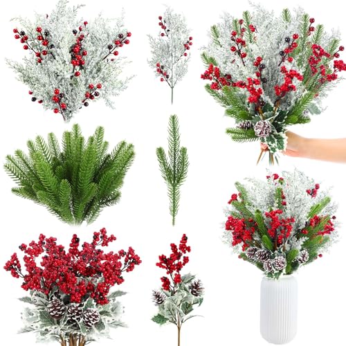 Thiccywoov 62 Pcs Artificial Christmas Flowers with Holly Berries Pine Cones Fake Pine Branches and Snowy Artificial Cedar Picks with Red Berries for Xmas Holiday Floral Arrangement Home Vase Decor