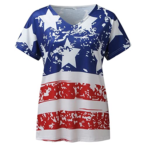 4 of July Outfit Women, Women Tie-dye Independence Day Fashion Printed Colorful Short Sleeve Blouse - Image 5