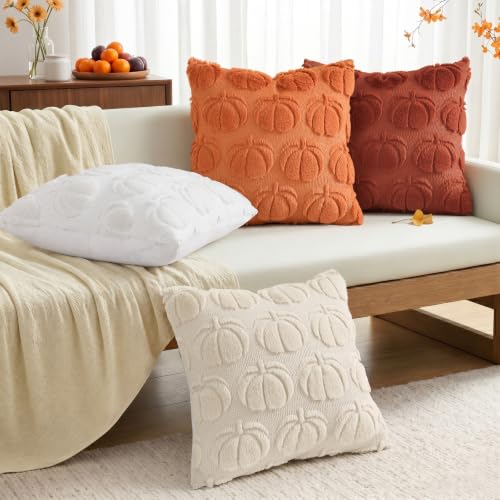 Image of decorUhome Fall Decorative Rust Pumpkin Throw Pillow Covers 16x16 Set of 2, Soft Faux Fur Plush Farmhouse Accent Pillow Cases for Couch Bed Sofa Autumn Harvest Halloween Holiday Home Decor