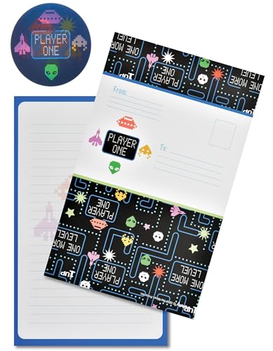 Image of iscream Fold and Send Boys Stationery Note Cards with Seals - Retro Gamer | 8 Pack, Fun Print, Large Format 8.7 inch x 5.4 inch Cards, Sturdy Lenticular Picture Changing Stickers, Summer Camp Ready