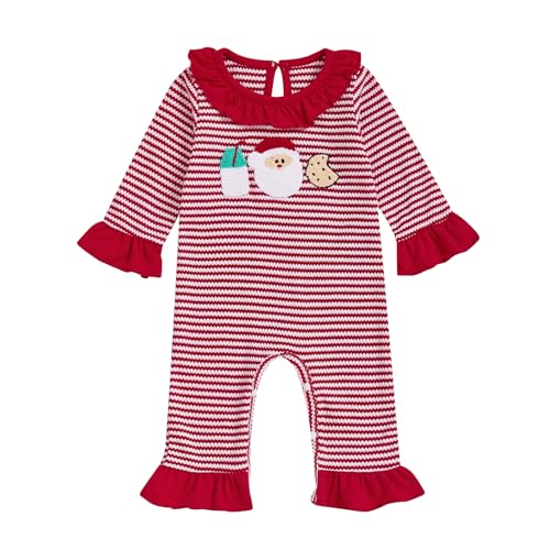 Lamuusaa Newborn Baby Girl Christmas Outfit Santa Claus Embroidery Romper Ruffle Stripe Bodysuit Flared Pants Jumpsuit 0-18M