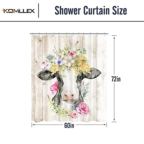 Komllex Funny Cow Shower Curtain 60Wx72H Inch Rustic Farmhouse Animal Bull Cattle Shower Curtain Bathroom Set Western Wildlife Bath Curtain Retro Country Floral Wooden Board Bathtub Accessories Decor #TOP4