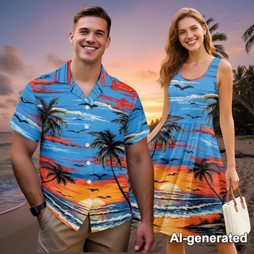 Image of Hawaii Matching Couple Outfits Husband and Wife Clothing Fashionable Mens Casual Shirts Hawaii Dress with Soft Fabric