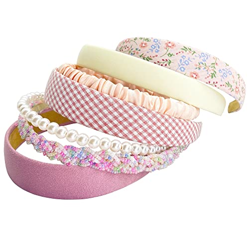 MEFINESHOW 7PK Different Fashion Headbands for Women,Non Slip Flower Headband,Cute Pearl Headbands for Girls,Vintage Wide Headband for Women,Bandana Hair Accessories Set (Pink)