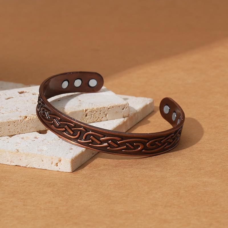 Pulsera de cobre vintage para hombres y mujeres, brazalete abierto con patrón de ondas grabadas, diseño clásico ajustable