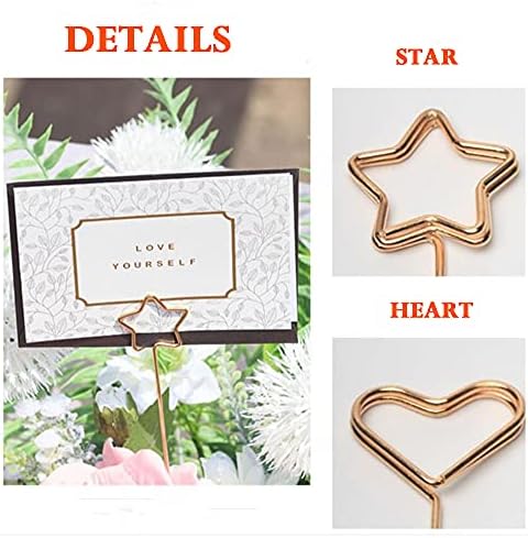 10pcs Metal Wire Floral Place Card Holder Star Heart Shape Flower Bouquet Picks Clip Golden Photo Clip Memo Gift Card Holder for Wedding Birthday Party Favor Office DIY Cake Topper Decoration