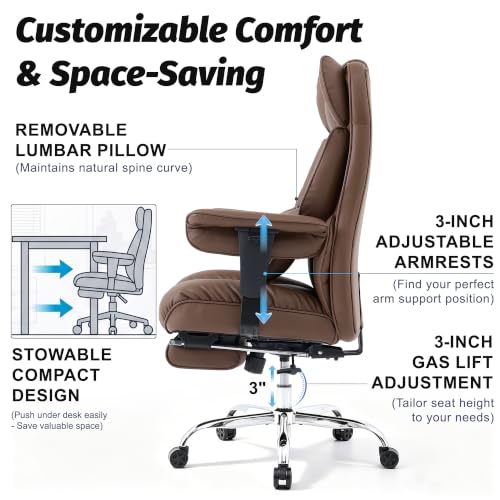 Image of Efomao Executive Office Chair 400lbs,Brown Big and Tall Desk Chair | Mattress-grade pocket spring cushion, sleek leather, 135 recline & footrest for computer gaming setup.
