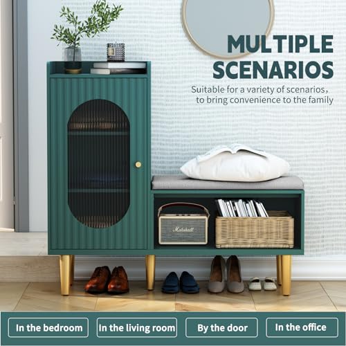 Image of HLR Storage Bench Set of 2, Green Modern Entryway Shoe Cabinet Bench with Glass Door&Shelf, L-Shaped Storage Cabinet with Padded Seat for Hallway, Bedroom, Living Room, Office