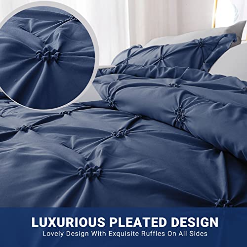 JOLLYVOGUE Queen Comforter Set 7 Pieces, Navy Blue/Gray Bed in a Bag Comforter Set for Bedroom, Bedding Comforter Sets with Comforter, Sheets,Ruffled Shams & Pillowcases