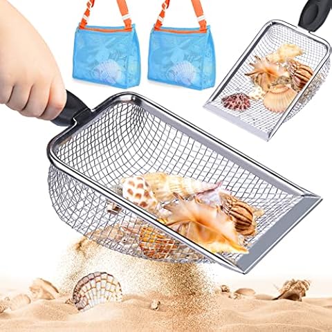Vodolo 2 PCS Beach Mesh Shovel with 2 PCS Mesh Beach Bag for Filter Sand, Kids Shell Collecting Scooper for Picking Up Shells, Shark Tooth Sifter for Boys and Girls, Beach Toy Cover
