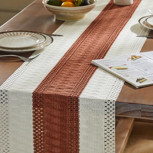 Image of ZeeMart Macrame Style Bicolor Stitching Table Runner, 14 x 72 Inch Terracota /Ivory, Boho Rust Table Runners 72 Inches Long, Farmhouse Woven Home Decor