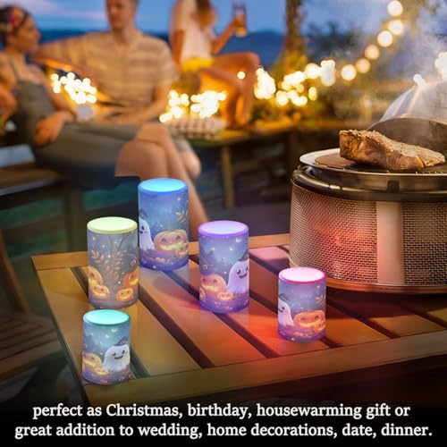 Image of Flickering Flameless Candles, Halloween Ghosts Pumpkins LED Candles with Remote Timer, Set of 2 Battery Operated Candle for Valentine Wedding Birthday