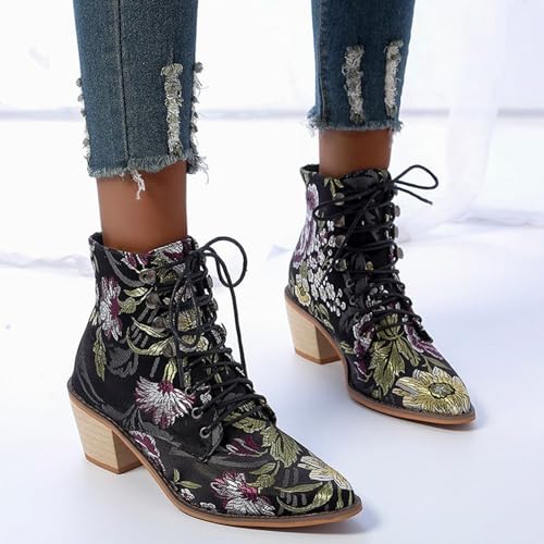 Ankle Boots For Women Low Heel Womens Vintage Floral Embroidered Block Heel Cowboy Boot Heighten Short Booties Lace Up Ethnic Retro Shoes3