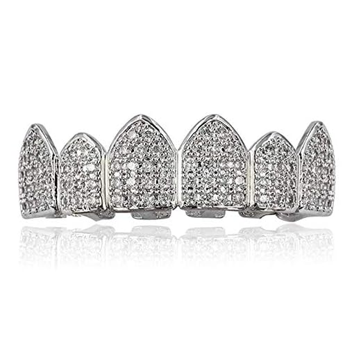 JINAO 18K Gold Plated Top Mouth Grill Teeth Macro Pave CZ Iced Out Diamond Grillz for Men Women With Extra Molding Bars Included (Silver top)