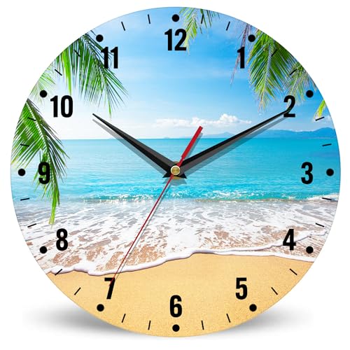 SPUNKER Clock for Bedroom,Palm Trees Kitchen Wall Clock,Hawaiian Tropical Beach Clocks 10 Inch Silent Non-Ticking Wall Battery Operated for Living Room Bedroom Bathroom Laundry Room Decor