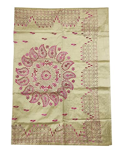 Image of SHRISTI CLOTHINGS Women's Hand Embroidered Cotton Silk Kantha Stitch Saree with Blouse Piece (SB420324 SWD55)