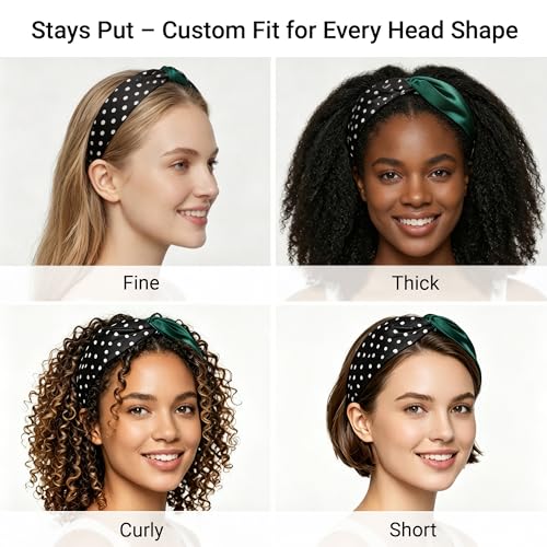 Image of ZLYC Mulberry Silk Headband for Women's Hair, Polka Dots and Dark Green | smooth luxury real silk, stretch elastic no slip fit, makeup spa skincare use, travel daily wear,boho fashion hair accessory