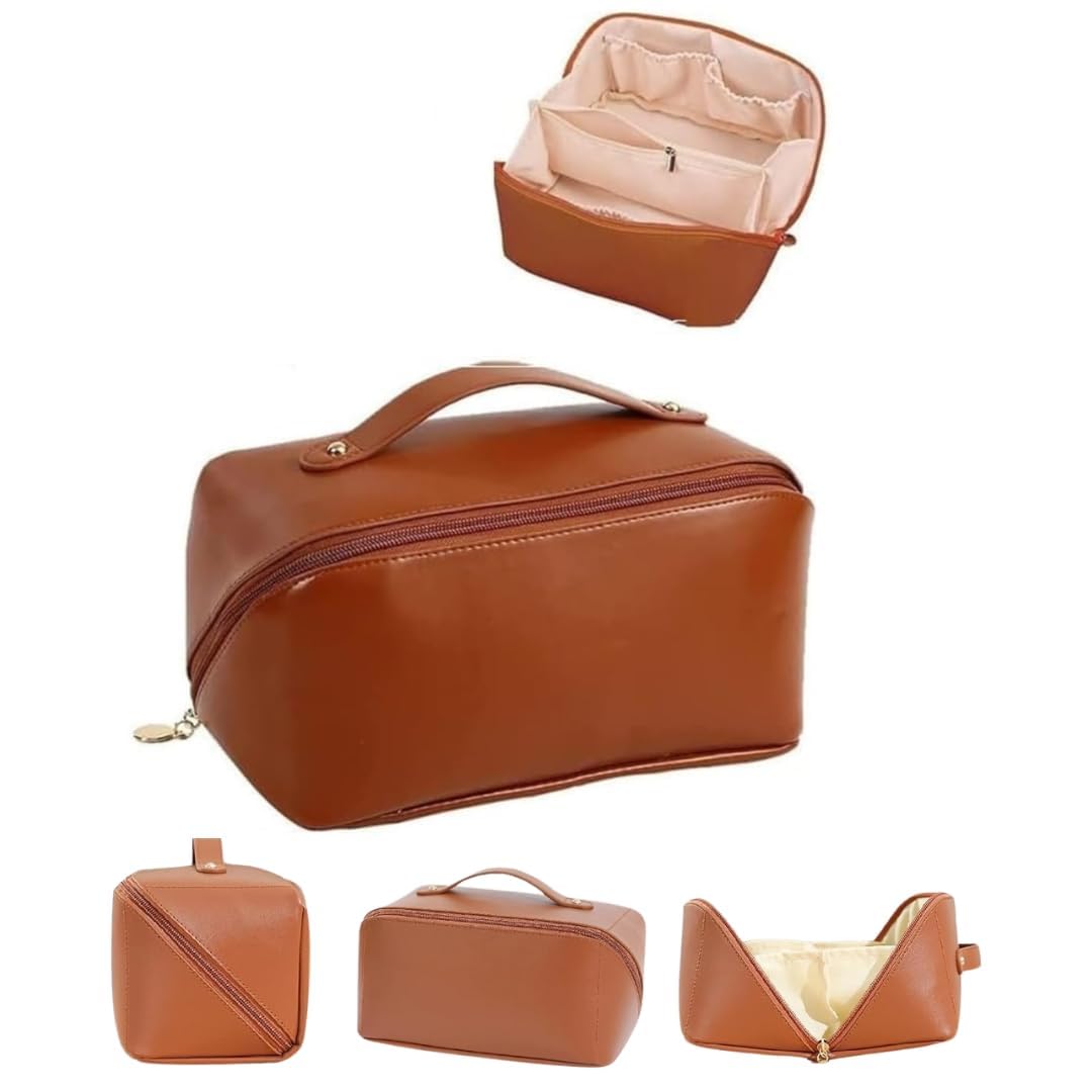 Zeinwap Travel Makeup Bag for Women | Large Capacity Cosmetic Organizer | Waterproof Portable Toiletry Pouch | Open Flat Makeup Storage Bag, Brown-image-9