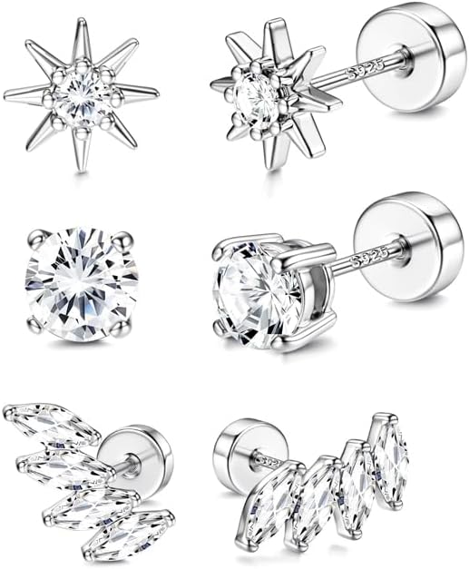 3 Pairs Sterling Silver Flat Back Earrings for Women Cartilage Stud Earrings Huggie Hoop Earrings Sets White Gold Plated Cubic Zirconia Stud Earrings Tragus Helix Piercing Jewelry