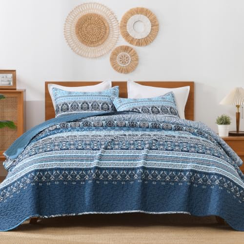 Image of Andency Blue Quilts Queen Size, 3 Pcs Boho Lightweight Striped Bedspread | Soft Blue Printed Bohemian Polyester Reversible Coverlet Comforter Sets for All Season (90 inchx96 inch)