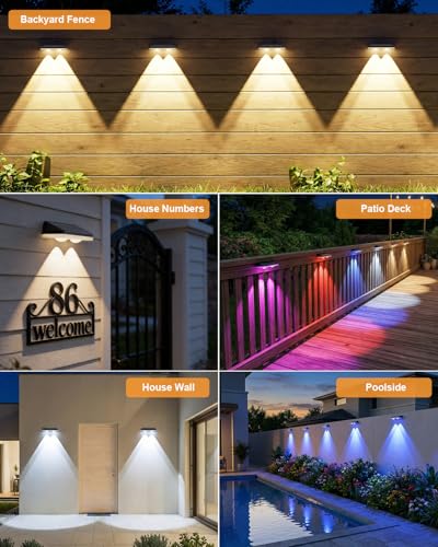 Image of Solar Fence Lights Outdoor, 12 Pack Warm White & RGB 8 Colors Fence Lights Solar Powered Ultra-Bright LED Lens Waterproof Outdoor Solar Lights for Fence, Backyard, Railing, Patio, Wall, Step, Deck