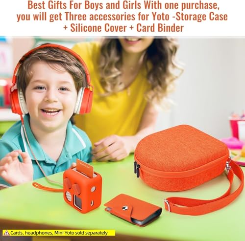 Image of Hard Case Compatible with Yoto Mini (2024 Edition), 3-in-1 Travel Bundle: Silicone Cover + Case with Shoulder Strap (Fits Mini Player & Headphones) + Up to 10 Card Holder for YOTO Cards (Orange)