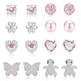 DiiWmme 8 Pairs 925 Sterling Silver Earrings for Girls, Suitable for Women and Girls, Cute Turtle Butterfly Heart-Shaped Flower Small Stud Earrings Set for Teens, Womens, Ears Gift