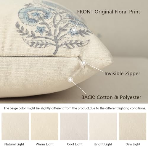 Image of YCOLL Vintage Floral Print Pillow Covers 18x18 Set of 2 Patterned Accent Decorative Cushion Covers Modern Farmhouse Throw Pillow Covers for Sofa Couch Chair Bed Living Room Home Decor, Light Blue