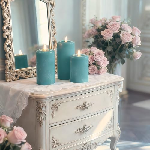Image of CANDLE CHOICE Real Wax Battery Operated Flameless Candles with Remote Automatic Timer Realistic Flickering Electric LED Pillars Wedding Party Holiday Decorations 3 Pack Rustic Texture Peacock Blue