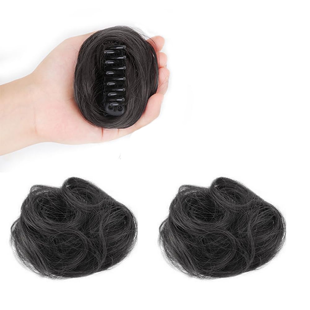 2PCS Mini Claw Clip in Hair Bun Messy Cat Ears Hair Bun Extension Synthetic Hair Chignon Donut Wig Accessory Updo Space Bun Hair Pieces for Women Girls (Black) - Image 3