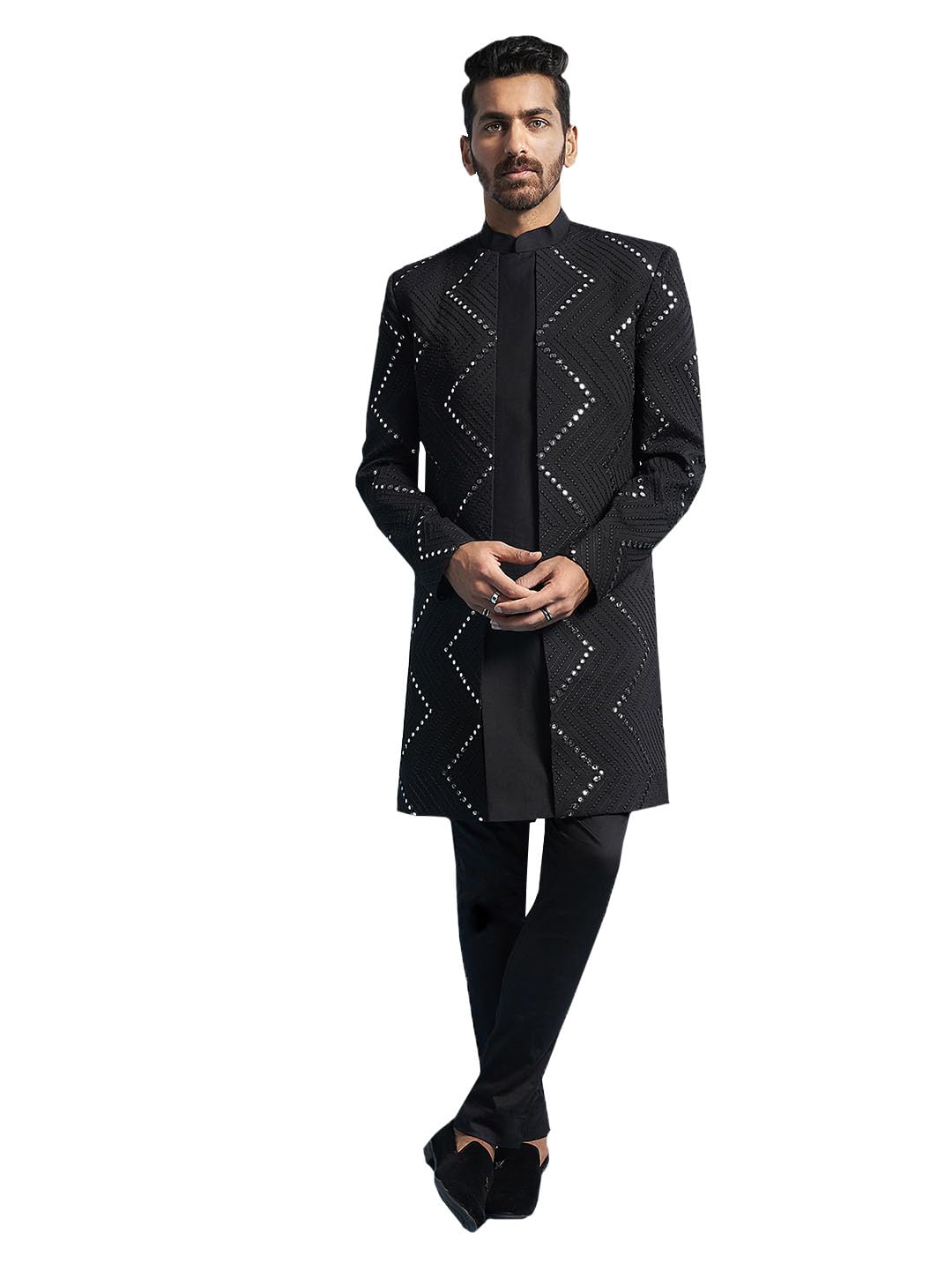 Men's Viscose Sherwani Set - Mirror work Embellished Viscose Indo Western And Pant Style Pyjama-image-11