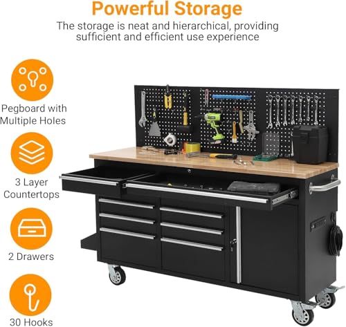 Image of PeakPursuit 61 inch Rolling Tool Chest with 10 Drawers, Workbench Cabinet with Power Strip, Solid Rubber Wood Top, Pegboard, 1675 LBS Load, Mobile Heavy Duty Garage Storage, Locking Wheels, Black