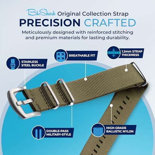 Image of BluShark - Original Collection Military-Style Waterproof Watch Strap, Fits All Timepiece Brands, Durable Nylon Wristwatch Accessories with Stainless Steel Buckle - 18mm, 20mm, 22mm & 24mm Watch Bands