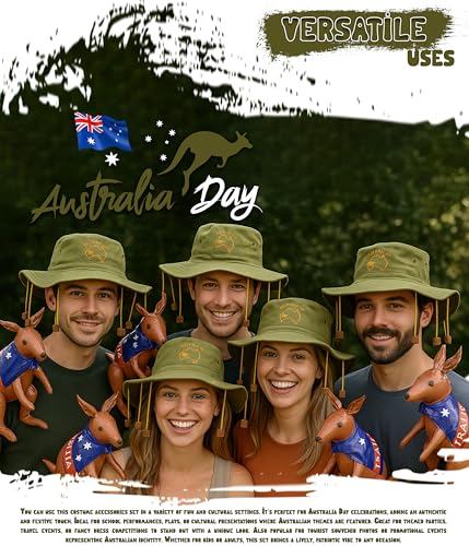 Mega_Jumble® Adult Australian Hat with Corks & 70cm Inflatable Kangaroo Set Fancy Dress Accessories Kit Premium Quality Green-Brown - Image 5